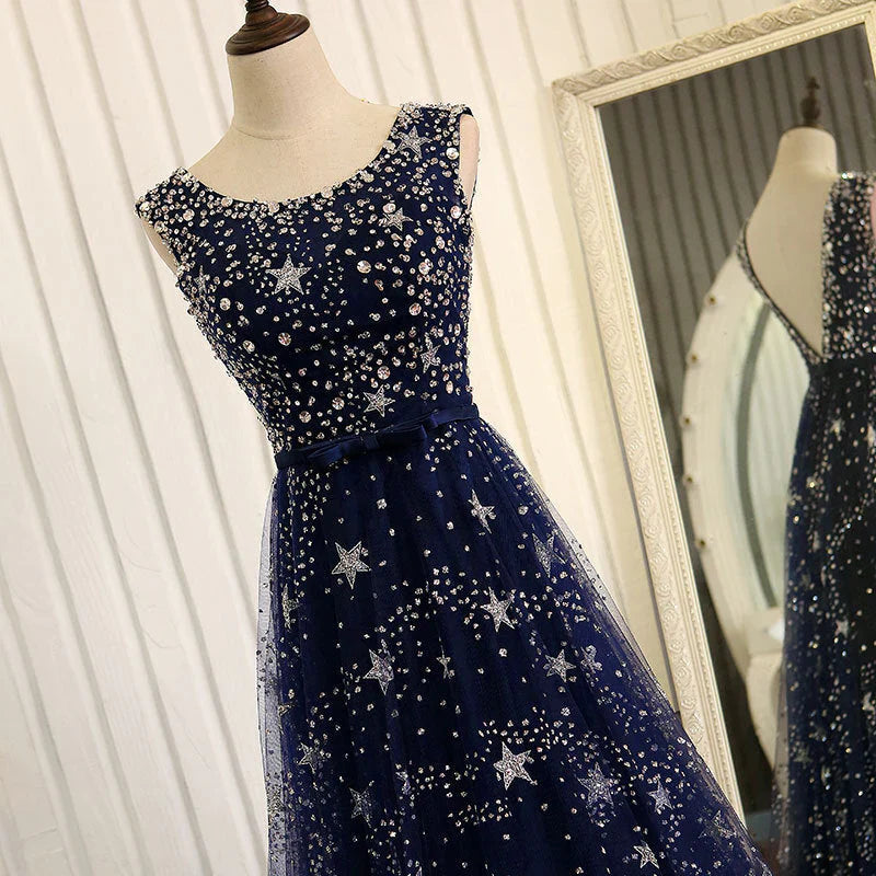 Vestido formal largo de tul azul, corte A, sencillo, para fiesta de graduación, TP1287