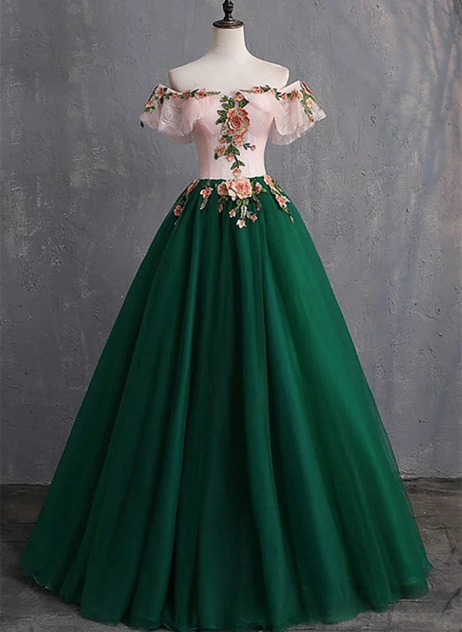 Green Tulle Off Shoulder with Flowers Long Sweet Dress, Green Long Prom Dress TP1296