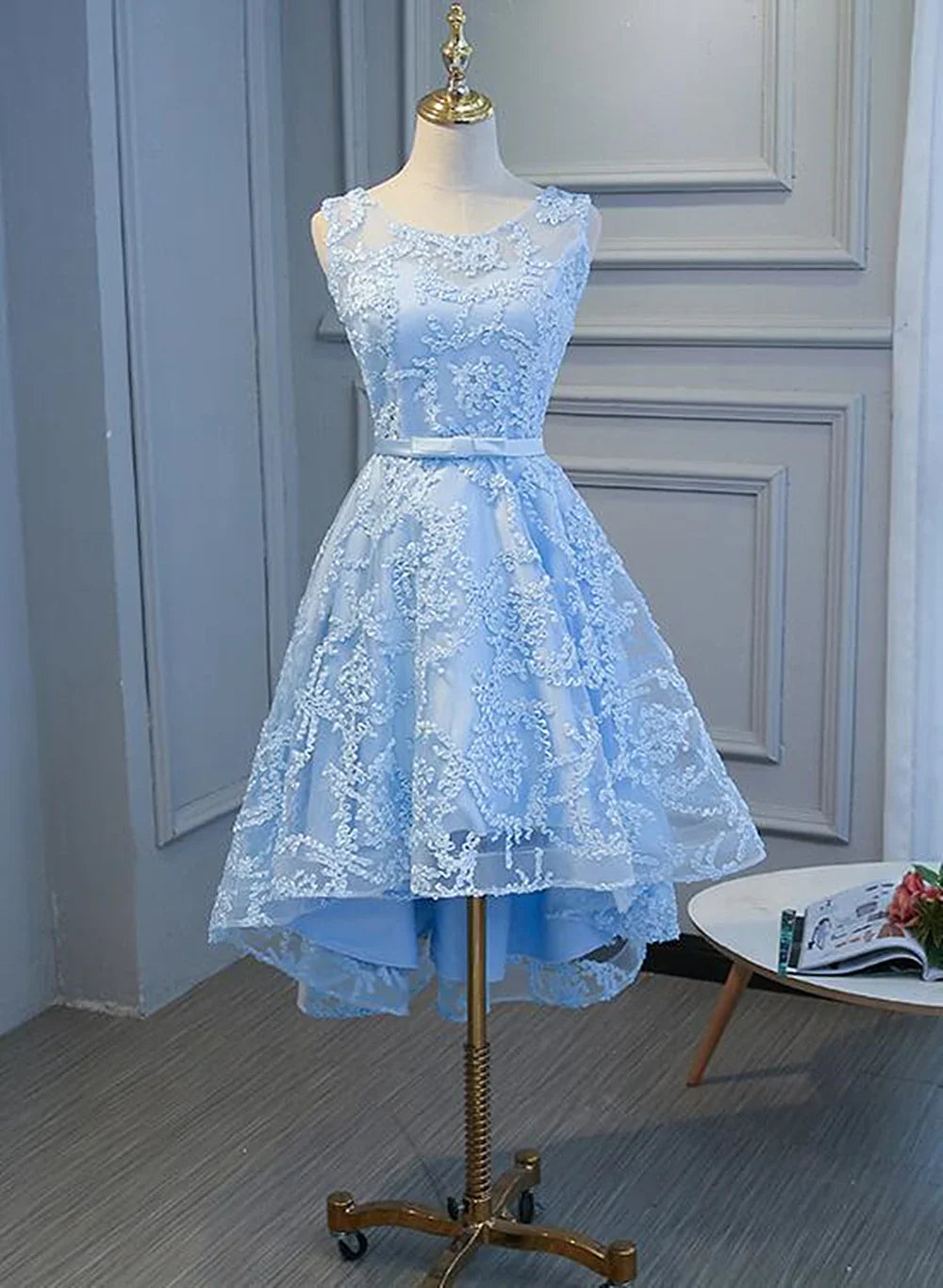 Blue Lace High Low Simple Round Neckline Party Dress, Blue Short Prom Dress TP1305