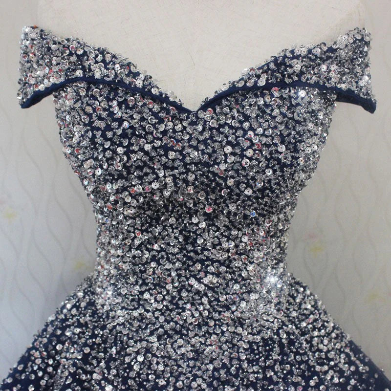 Vestido de fiesta de quinceañera con escote corazón y lentejuelas azules, de tul azul TP1306