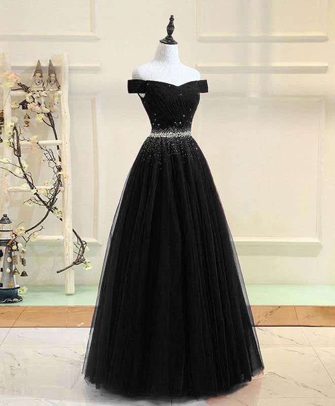 Black Beaded Off Shoulder Tulle Long Party Dress, Black A-line Prom Dress TP1319