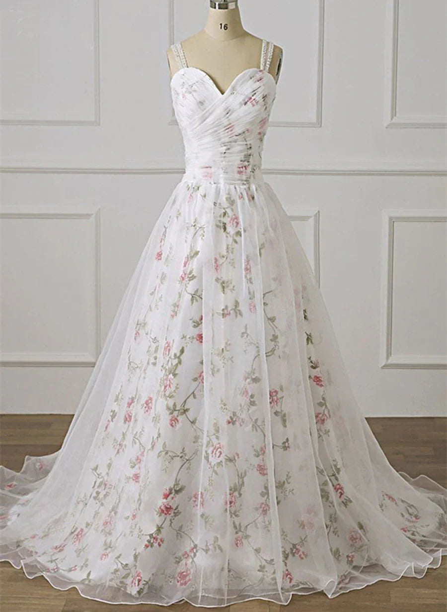 White Tulle Sweetheart Straps Floral Long Party Dress, White Evening Dress Prom Dress TP1336