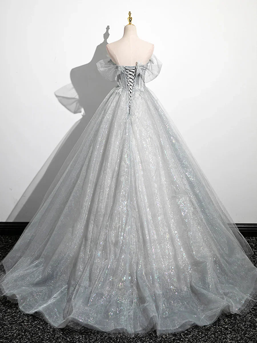 Vestido de fiesta brillante con hombros descubiertos y corte en A, de tul gris, largo hasta el suelo, TP1346