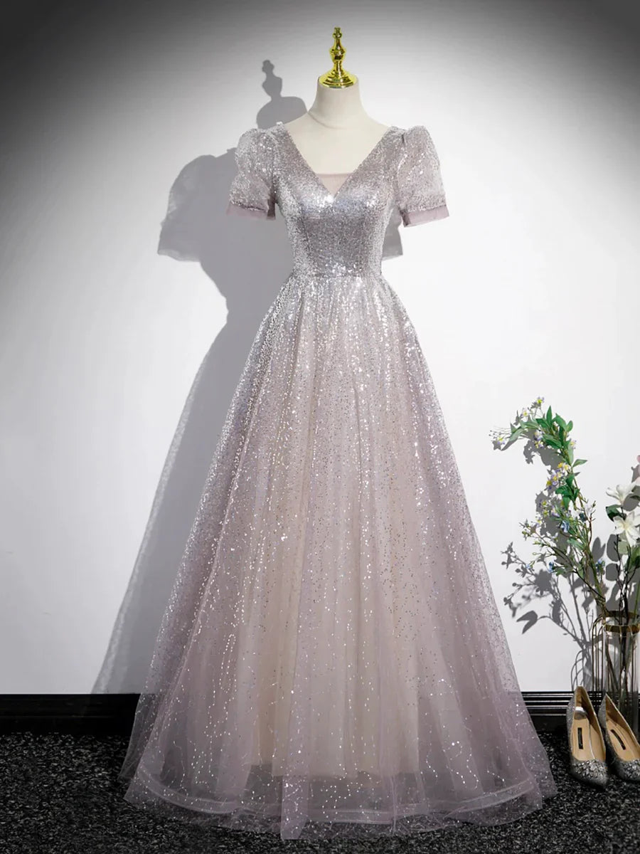 A-Line Tulle Sequins Floor Length Prom Dress, Beautiful Short Sleeve Party Dress TP1366