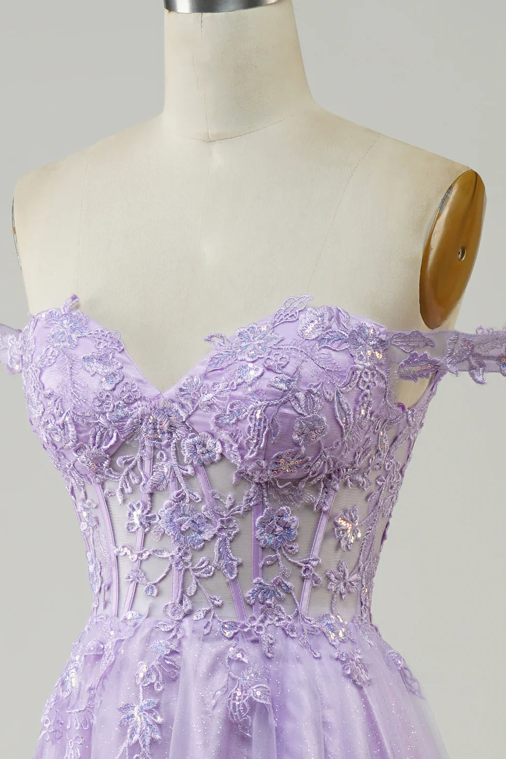 Vestido de fiesta morado largo de tul con encaje y corte en A, TP1382