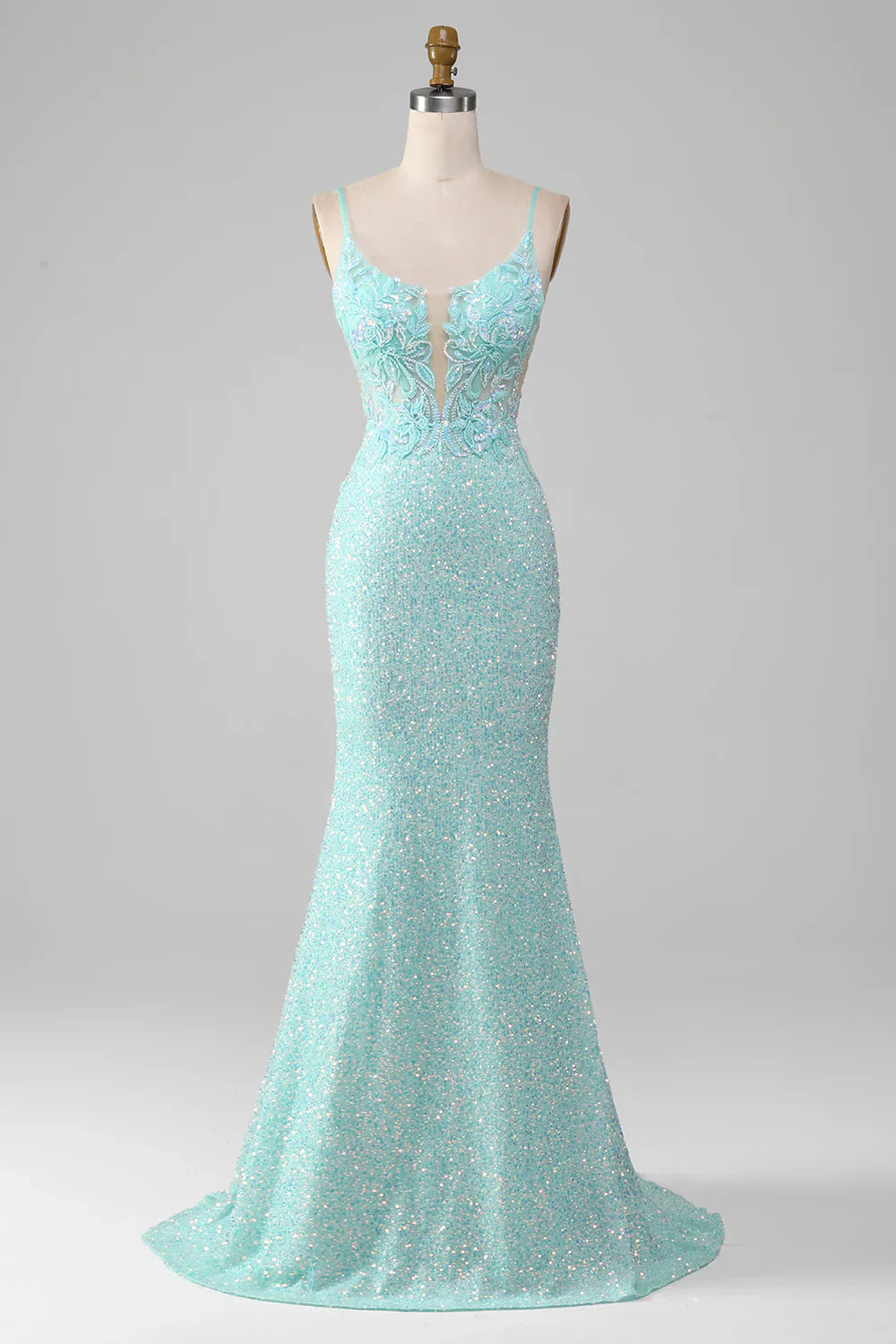 Vestido de fiesta de sirena con lentejuelas verde claro brillante y abertura TP1386