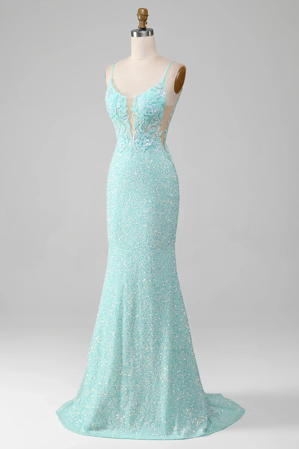 Vestido de fiesta de sirena con lentejuelas verde claro brillante y abertura TP1386