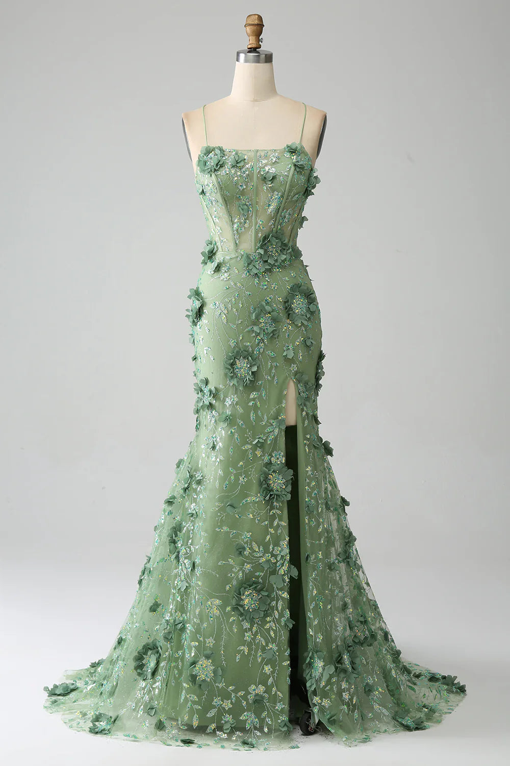 Vestido de fiesta de sirena con tirantes finos, corsé verde y apliques TP1388