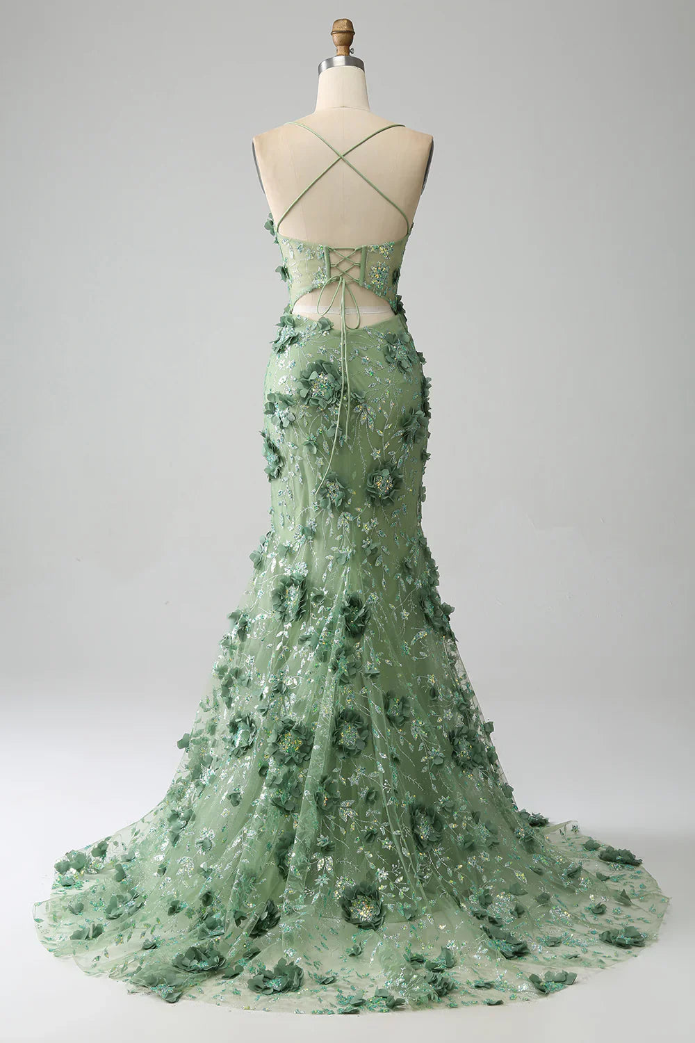 Vestido de fiesta de sirena con tirantes finos, corsé verde y apliques TP1388