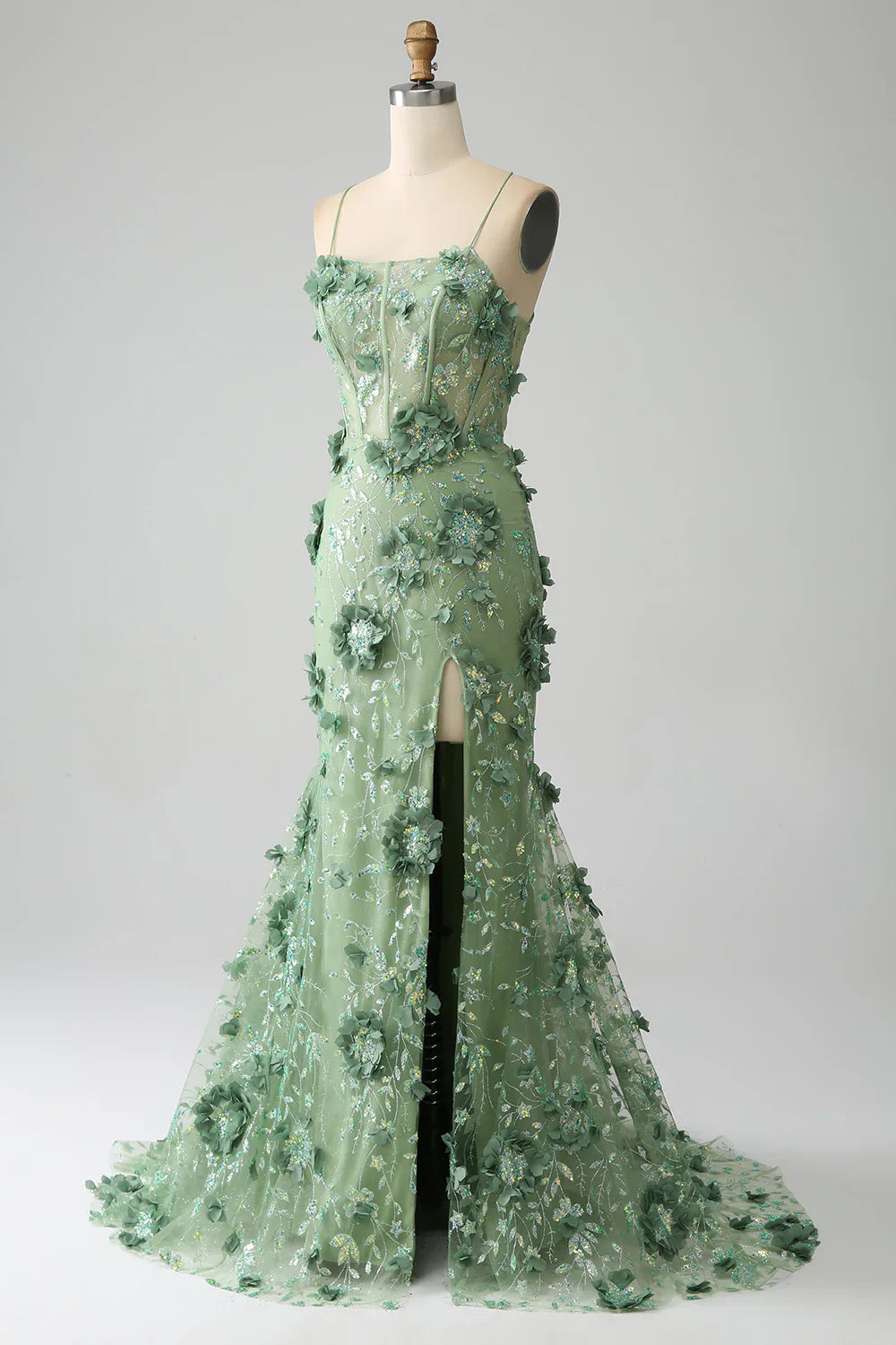 Vestido de fiesta de sirena con tirantes finos, corsé verde y apliques TP1388