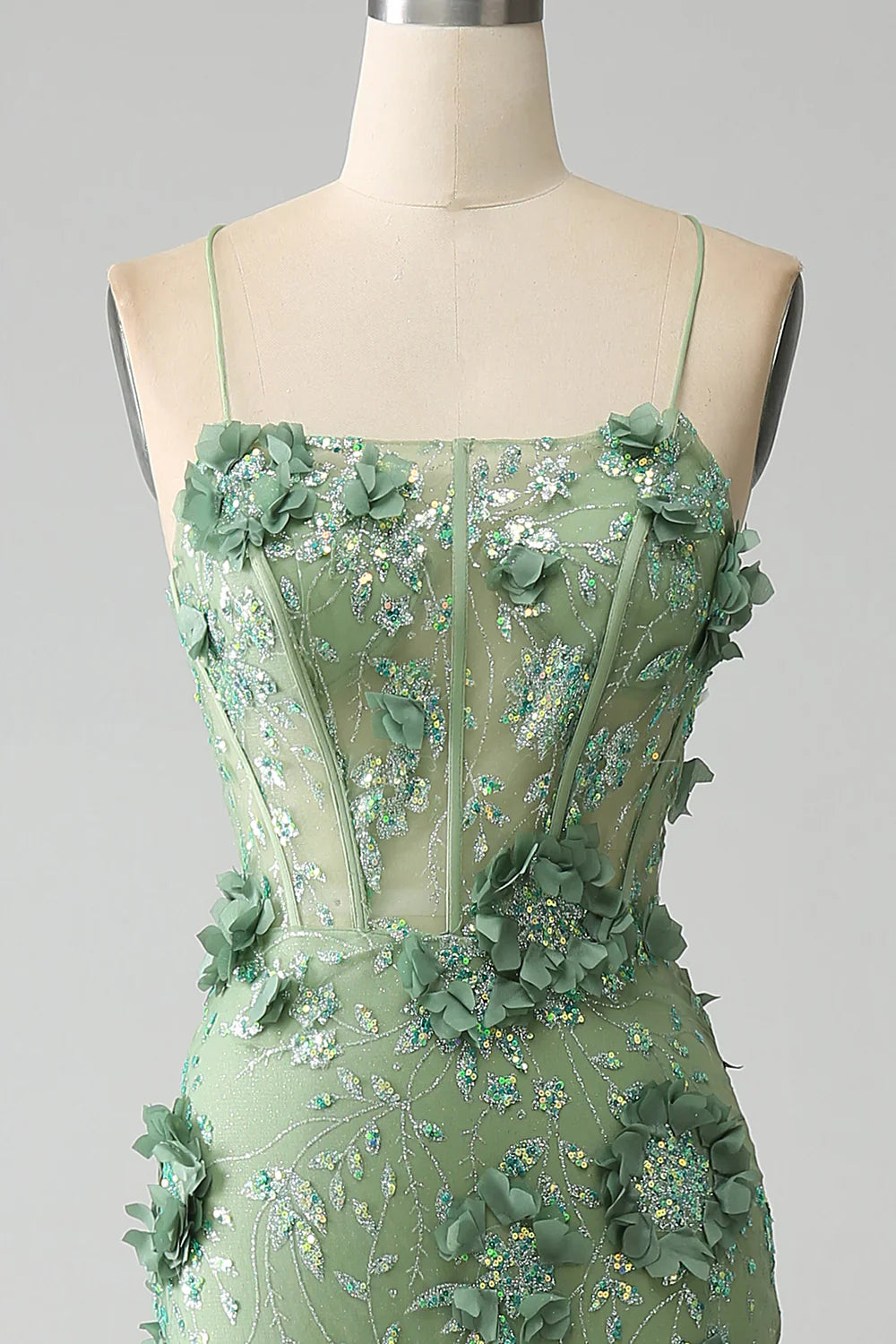 Vestido de fiesta de sirena con tirantes finos, corsé verde y apliques TP1388