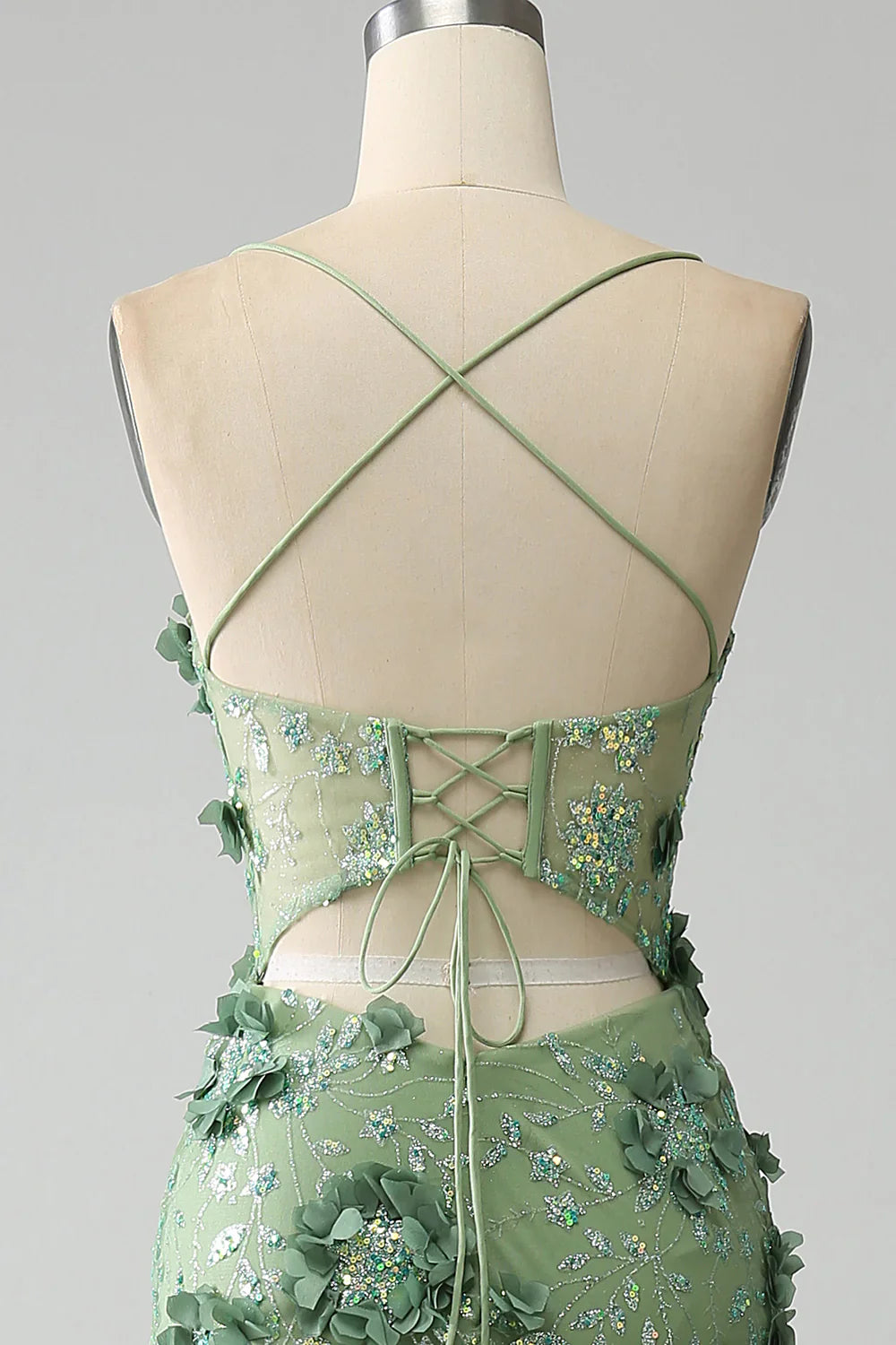 Vestido de fiesta de sirena con tirantes finos, corsé verde y apliques TP1388