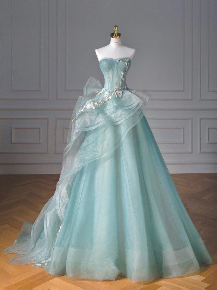 Green A-line Heart Neck Strapless Tulle Long Evening Gowns TP1463