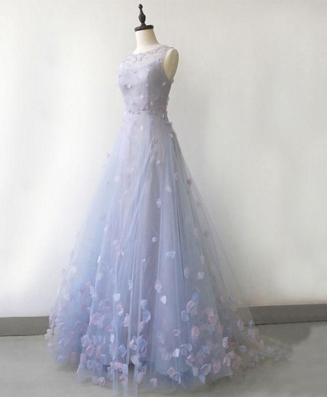Vestido de fiesta sencillo de tul azul grisáceo con apliques de encaje 3D, corte A, largo, TP1542