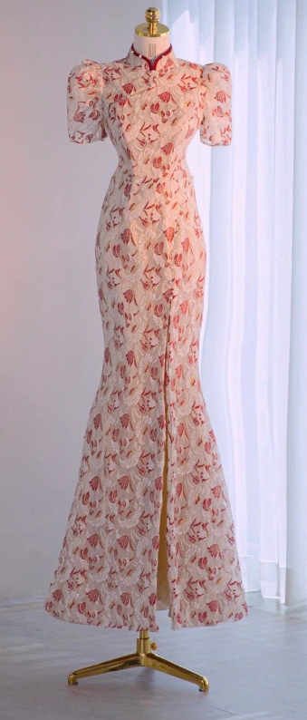 Vestido de fiesta rosa tipo cheongsam con estampado de sirena y manga corta con abertura TP1553