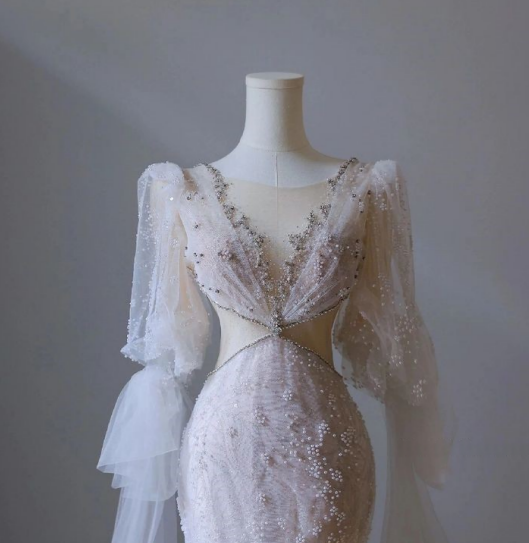 Vestido de fiesta largo de tul con cuentas y cuello redondo de sirena rosa, manga larga, TP1589