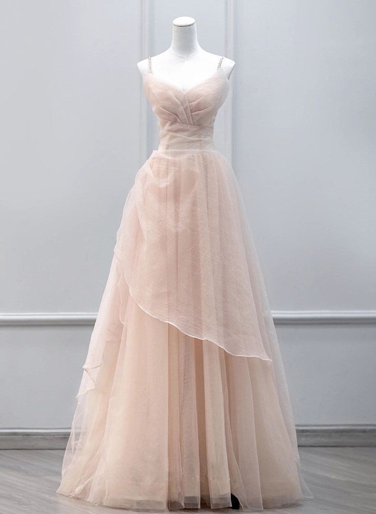 Vestido de fiesta largo de tul con tirantes y cuentas, corte A, TP1595