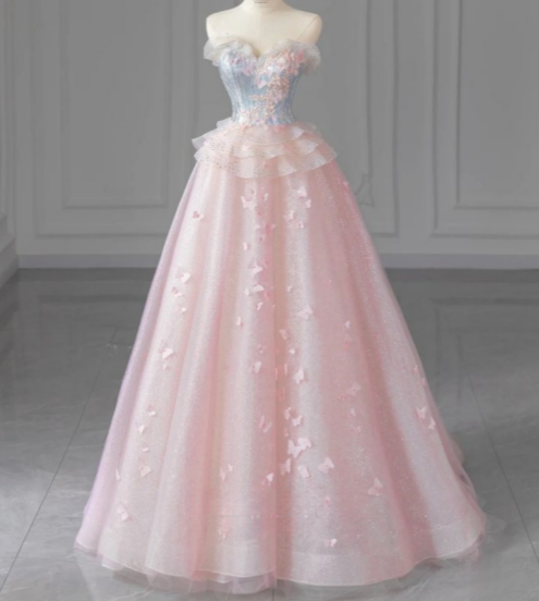 Vestido de fiesta largo de tul con escote en forma de A, sin tirantes, color rosa, con mariposas y escote en forma de corazón, TP1611
