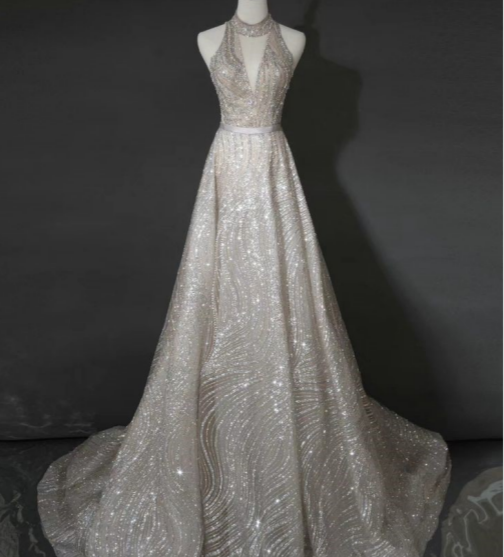 Vestido de fiesta plateado con escote en A, sin tirantes y lentejuelas, para boda TP1613
