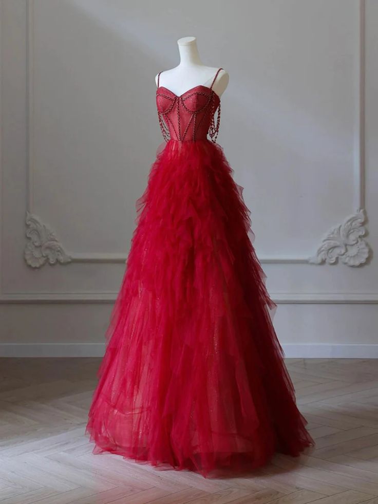 Vestido de fiesta largo burdeos de tul con cuentas, escote corazón, sin tirantes, corte A, TP1622