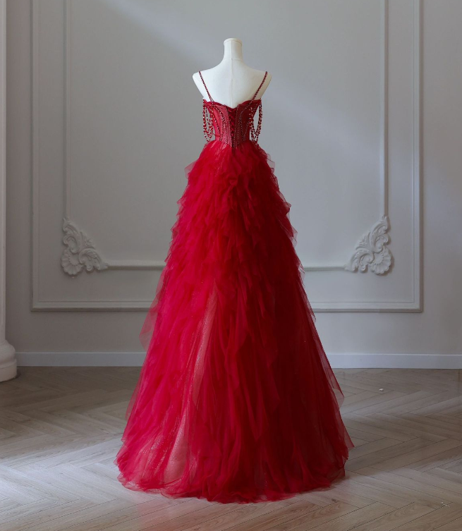 Vestido de fiesta largo burdeos de tul con cuentas, escote corazón, sin tirantes, corte A, TP1622