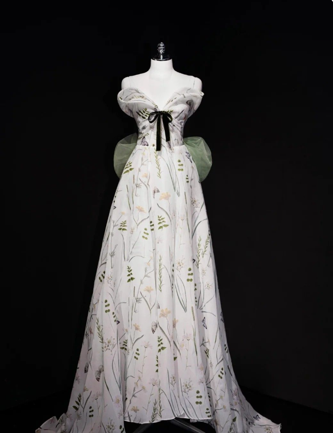 White A-Line Floral Strapless Strapless Bowknot Floor Length Prom Dresses TP1625