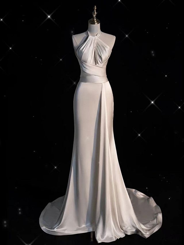 Vestido de fiesta formal largo de satén, sencillo, sin tirantes, con escote en A, color marfil, TP1627