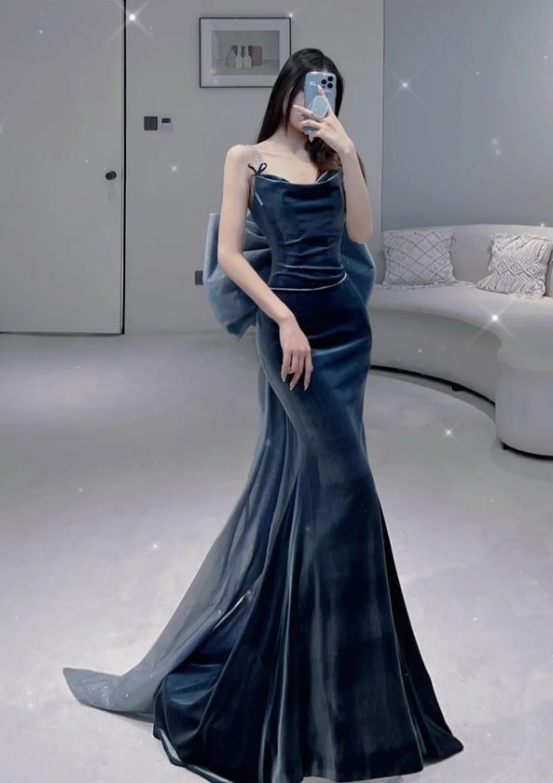 Vestido de fiesta azul sirena con tirantes finos, lazo de terciopelo, largo hasta el suelo, TP1656