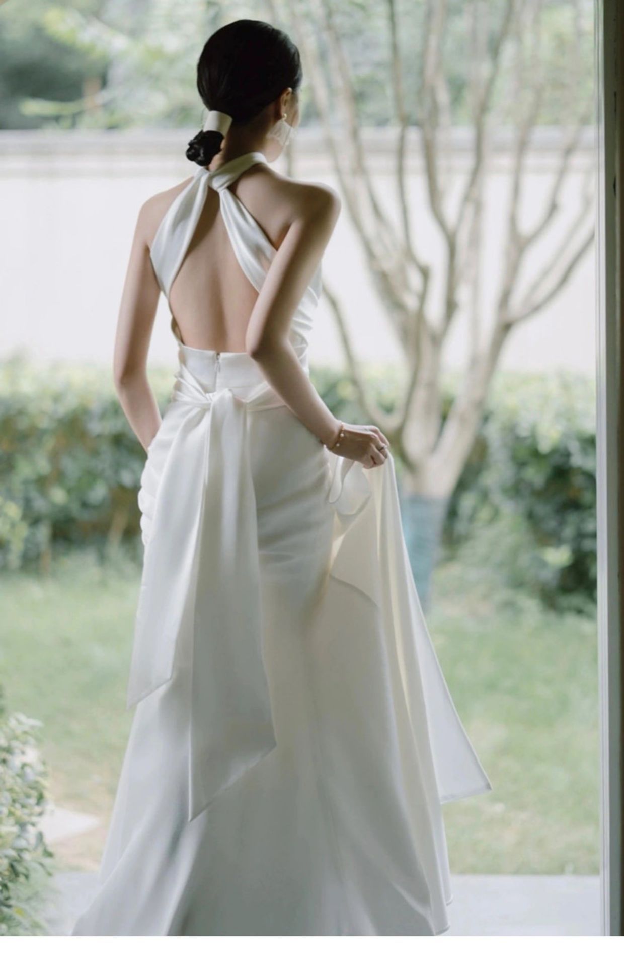 Vestido vintage color marfil con cuello halter, diseño sencillo, corte A, de satén, largo, para noche y graduación, TP1670