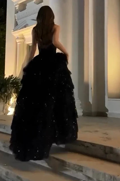 Gorgeous Shiny Sequin Black A-Line Strapless High-slit Floor-length Prom Dresses Evening Dress TP1683