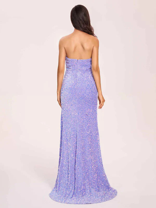 Vestido de fiesta largo azul sin tirantes con lentejuelas y abertura alta TP1742