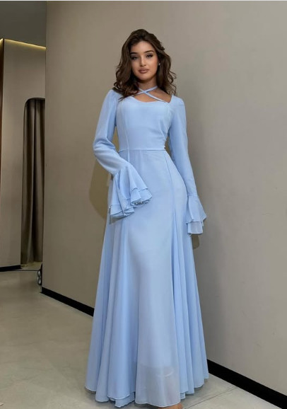 Vestido maxi de sirena rosa con mangas largas y volantes TP1799