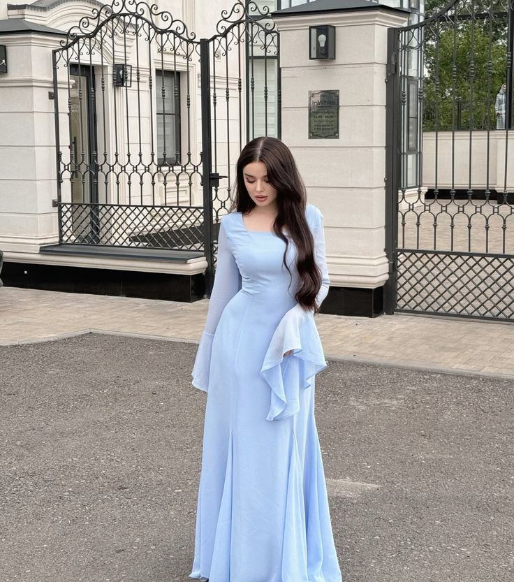 Vestido de noche formal sencillo de corte A con escote cuadrado y manga larga en azul TP1871