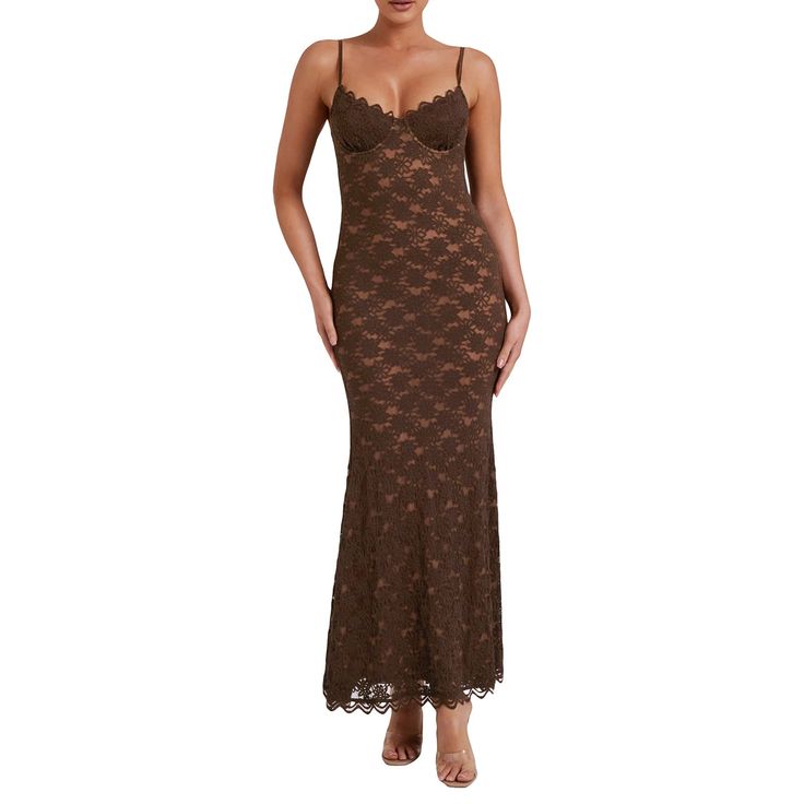 Vestido de noche sexy de sirena con encaje marrón y tirantes finos TP1889