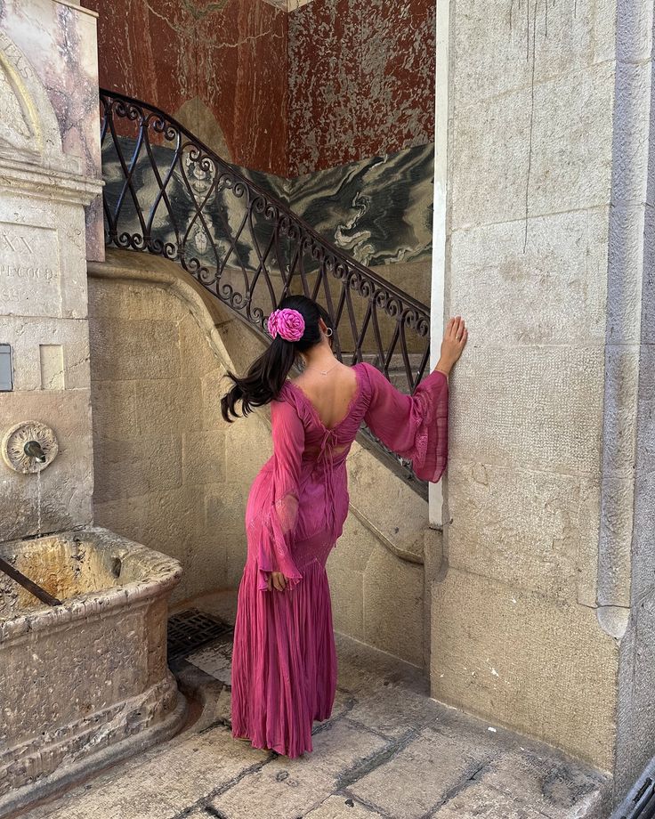 Vestido de fiesta retro morado de encaje, corte A, escote en V, manga larga TP1893