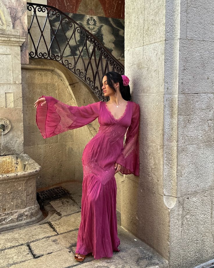 Vestido de fiesta retro morado de encaje, corte A, escote en V, manga larga TP1893