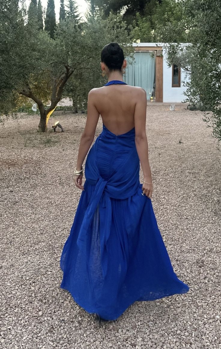 Vestido de noche formal de satén azul zafiro, sexy, con escote en V, cuello halter y espalda descubierta, TP1916