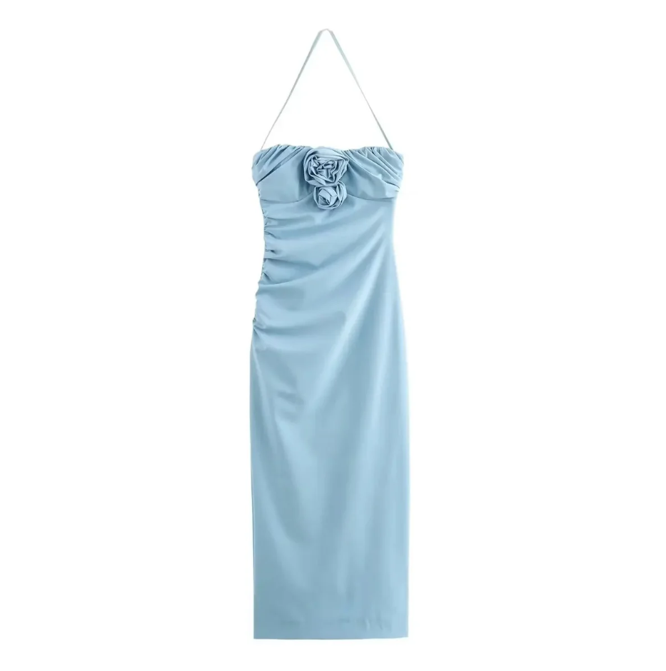 Vestido de fiesta sencillo azul con cuello halter, diseño de sirena con flores 3D y largo hasta los tobillos TP1937