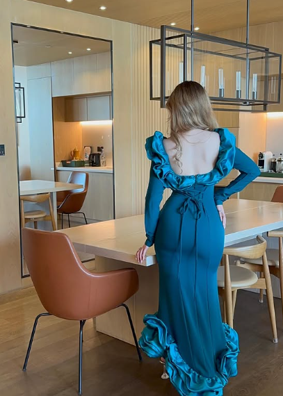 Elegante vestido de noche azul de corte sirena, manga larga, falda irregular, TP1953