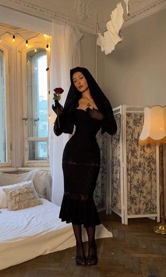 Sexy Black Mermaid Lace Tea Length Ball Gown Evening Dress TP1957