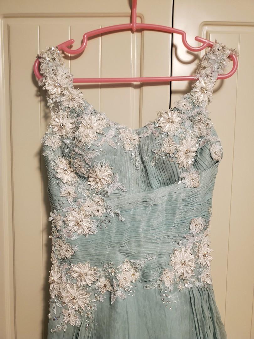 Vestido de noche vintage verde con tirantes en A, encaje, cuentas y tul, TP1970