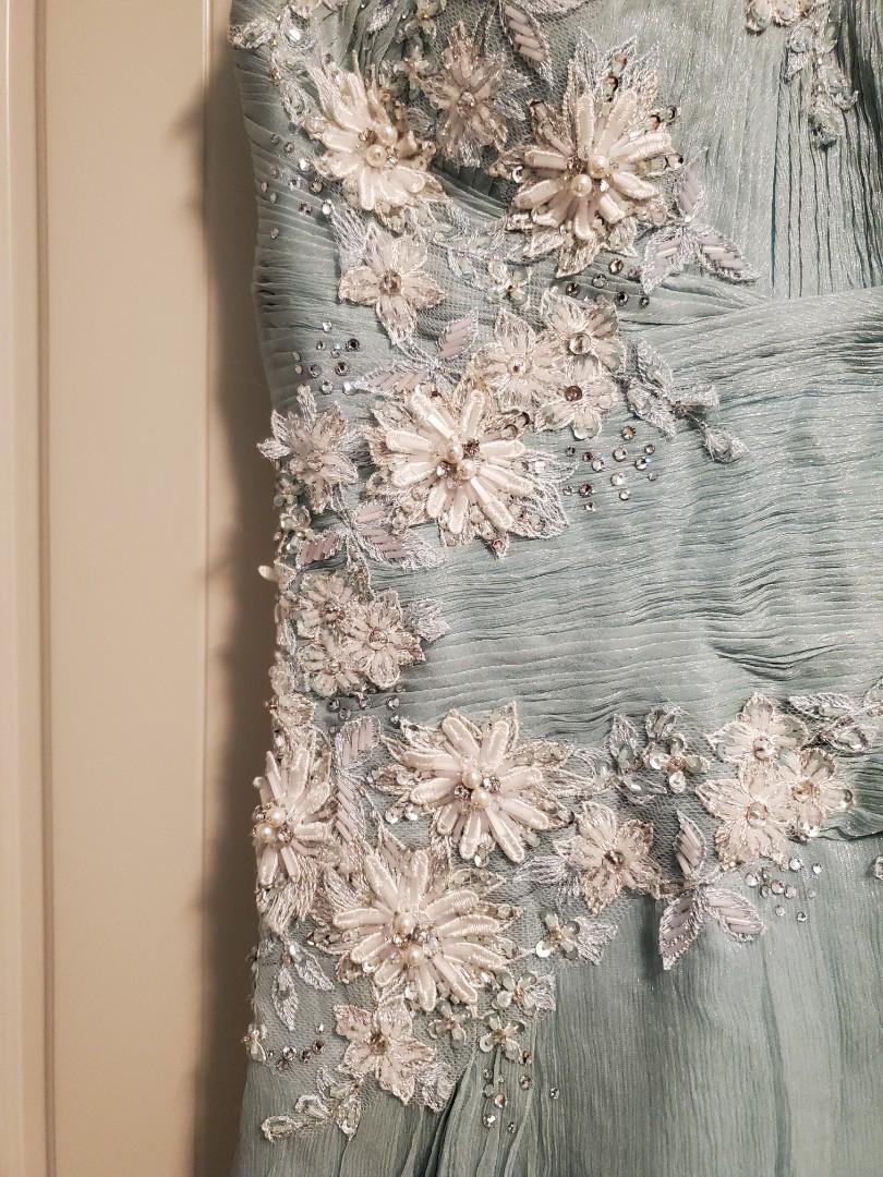 Vestido de noche vintage verde con tirantes en A, encaje, cuentas y tul, TP1970