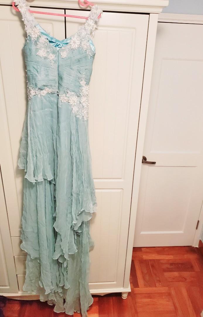 Vestido de noche vintage verde con tirantes en A, encaje, cuentas y tul, TP1970