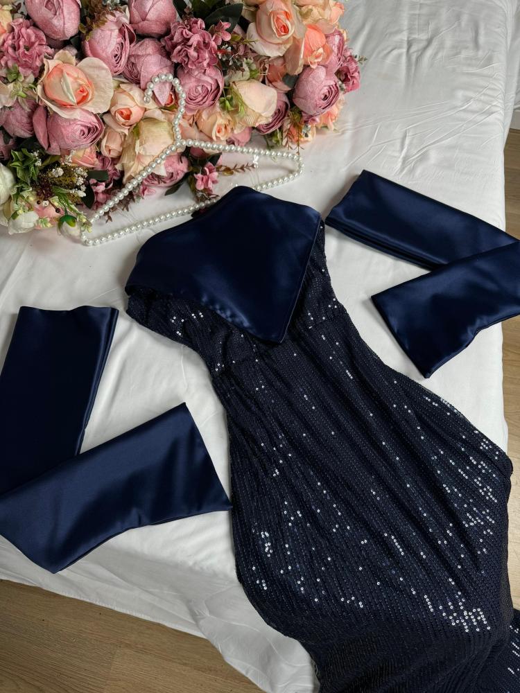 Vestido de noche azul marino de corte sirena, sin tirantes, con lentejuelas, largo hasta el suelo, para fiesta de graduación, TP1985