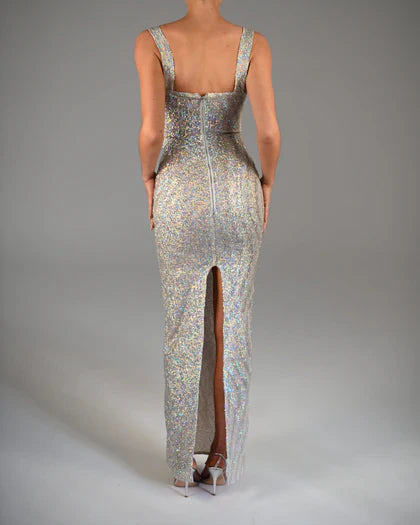 Vestido de noche sexy con tirantes finos y escote sirena color champán TP1996