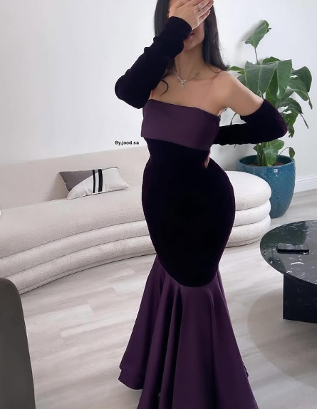 Vestido de noche con escote sirena, de satén y terciopelo morado, largo hasta el suelo, TP1997