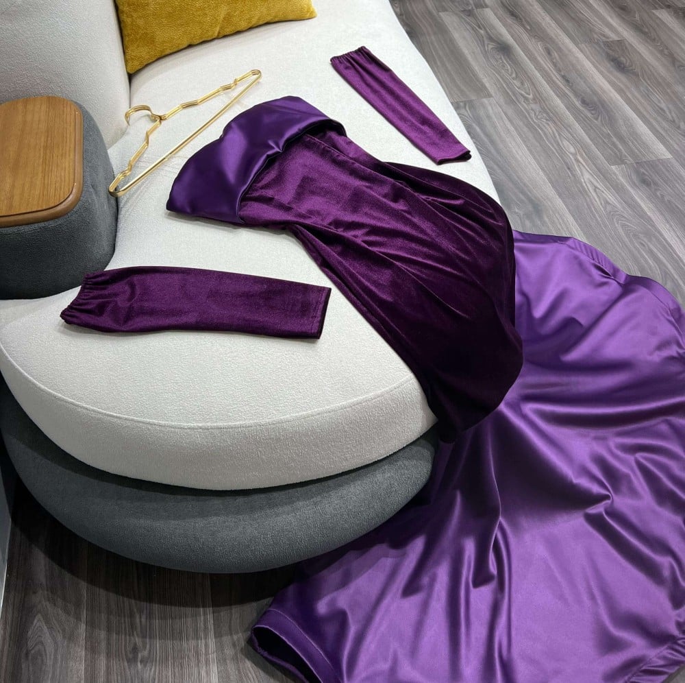 Vestido de noche con escote sirena, de satén y terciopelo morado, largo hasta el suelo, TP1997