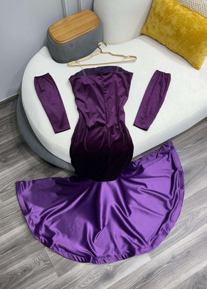 Vestido de noche con escote sirena, de satén y terciopelo morado, largo hasta el suelo, TP1997