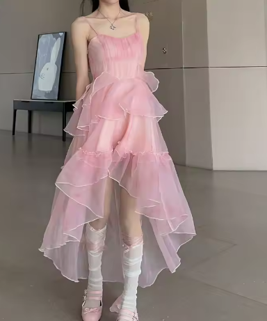 Sweet Pink Birthday Party Dress Strapless Layered High Low Homecoming Dress TP2028