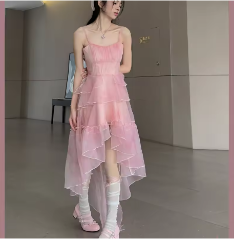 Sweet Pink Birthday Party Dress Strapless Layered High Low Homecoming Dress TP2028